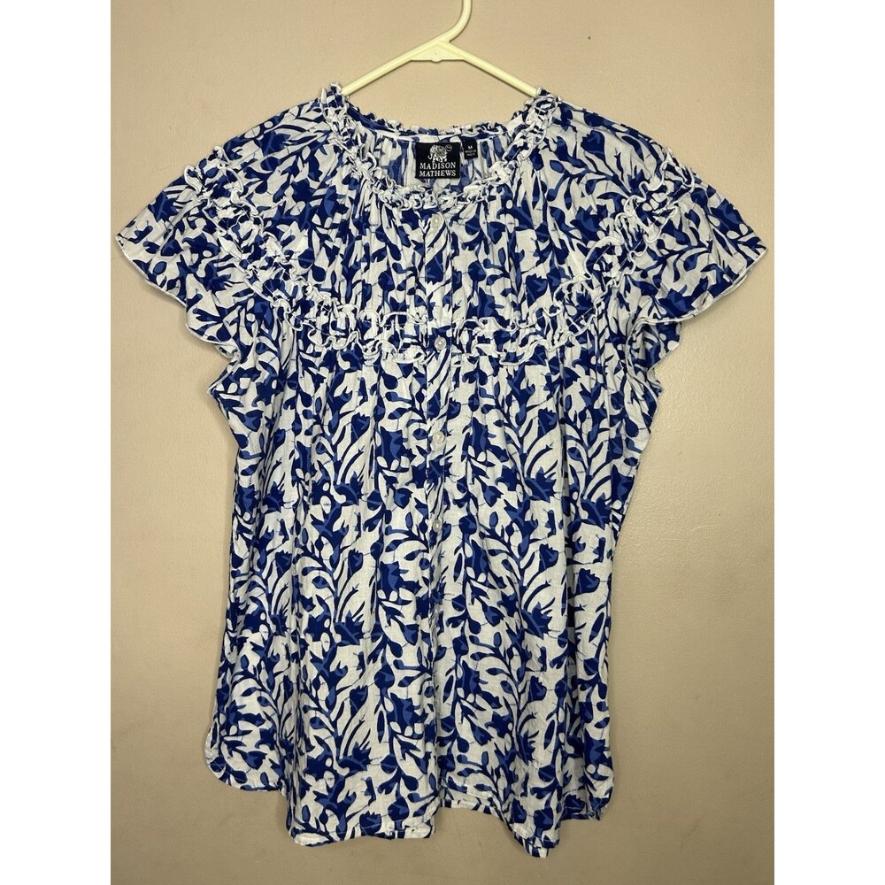 Madison Mathews  Floral Boho Ruffle Blouse Button Up 100% Cotton Blue White Med